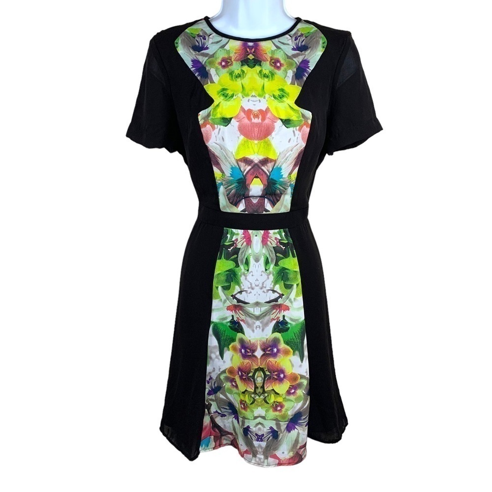 Size 6 Prabal Gurung Short Sleeve Dress Black Colorful Floral Print Accent